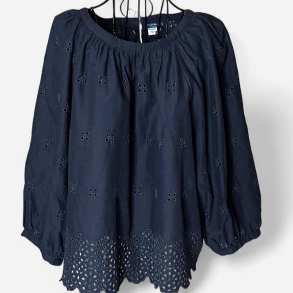 Old Navy XL Navy Blue Eyelet Embroidered Scallop Hem Blouse Peasant Boho Top